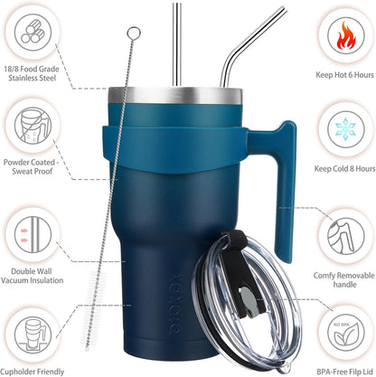 20 oz Tumbler with Handle & Straw, Insulated Stainless Steel Mug | Double Wall Vacuum, Keeps Hot/Cold, Thermal Cup, BPA Free, Dishwasher Safe, Cupholder Fit, Coffee & Travel, Indigo Black