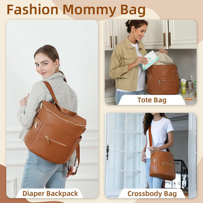 Neoprene Diaper Bag Baby Diaper Bag Large Capacity Neoprene Backpack with Changing Pad Travel Diaper Backpack with 16 Pockets for Mom & Dad-Brown