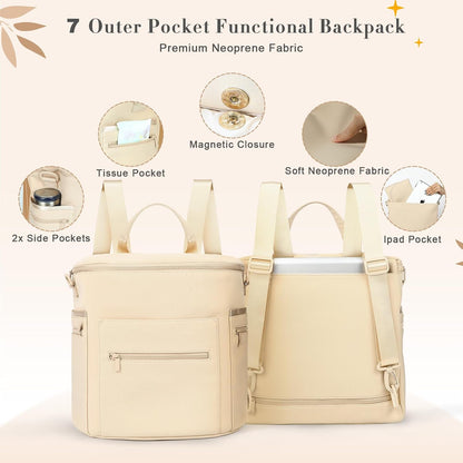 Neoprene Diaper Bag Baby Diaper Bag Large Capacity Neoprene Backpack with Changing Pad Travel Diaper Backpack with 16 Pockets for Mom & Dad-Brown