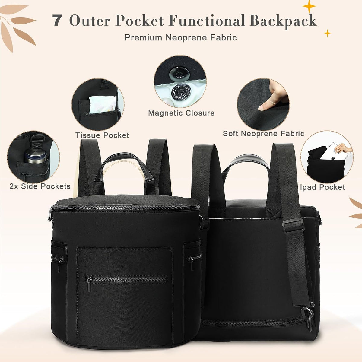 Neoprene Diaper Bag Baby Diaper Bag Large Capacity Neoprene Backpack with Changing Pad Travel Diaper Backpack with 16 Pockets for Mom & Dad-Brown