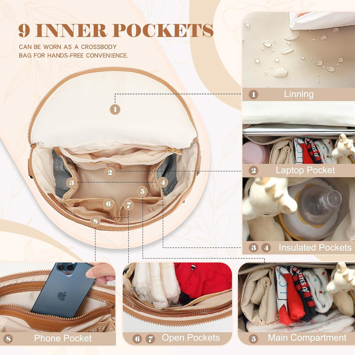Neoprene Diaper Bag Baby Diaper Bag Large Capacity Neoprene Backpack with Changing Pad Travel Diaper Backpack with 16 Pockets for Mom & Dad-Brown