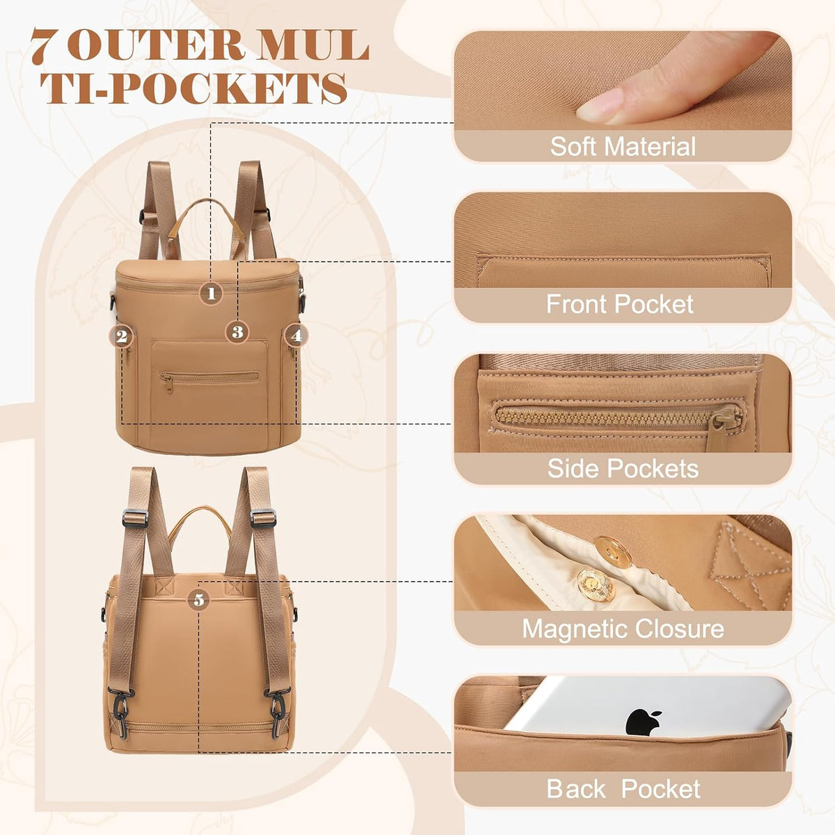 Neoprene Diaper Bag Baby Diaper Bag Large Capacity Neoprene Backpack with Changing Pad Travel Diaper Backpack with 16 Pockets for Mom & Dad-Brown