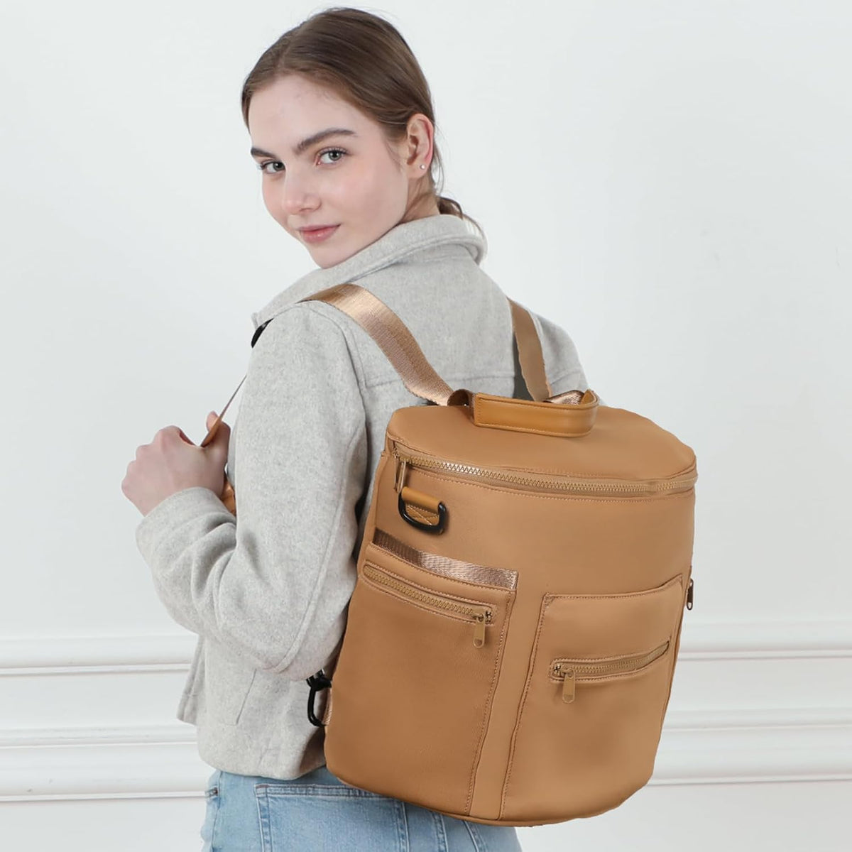 Neoprene Diaper Bag Baby Diaper Bag Large Capacity Neoprene Backpack with Changing Pad Travel Diaper Backpack with 16 Pockets for Mom & Dad-Brown