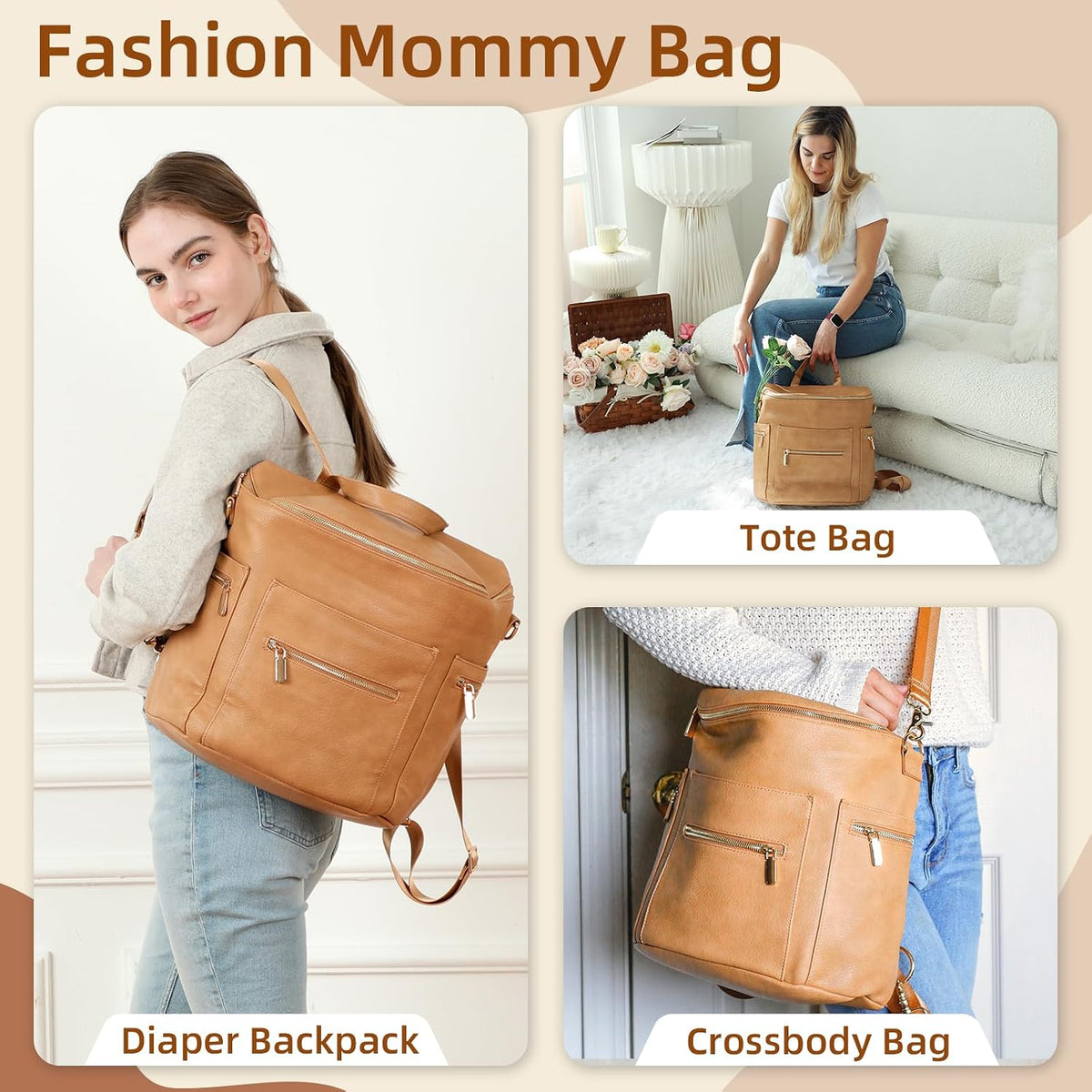 Neoprene Diaper Bag Baby Diaper Bag Large Capacity Neoprene Backpack with Changing Pad Travel Diaper Backpack with 16 Pockets for Mom & Dad-Brown
