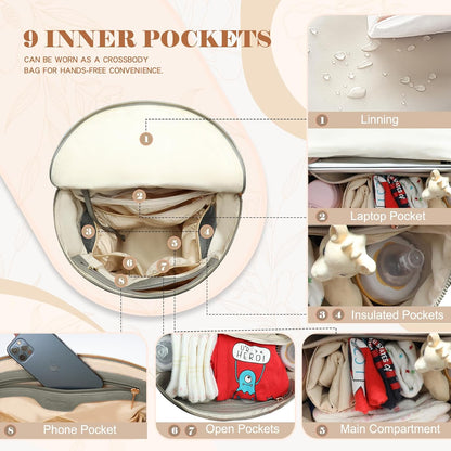 Neoprene Diaper Bag Baby Diaper Bag Large Capacity Neoprene Backpack with Changing Pad Travel Diaper Backpack with 16 Pockets for Mom & Dad-Brown