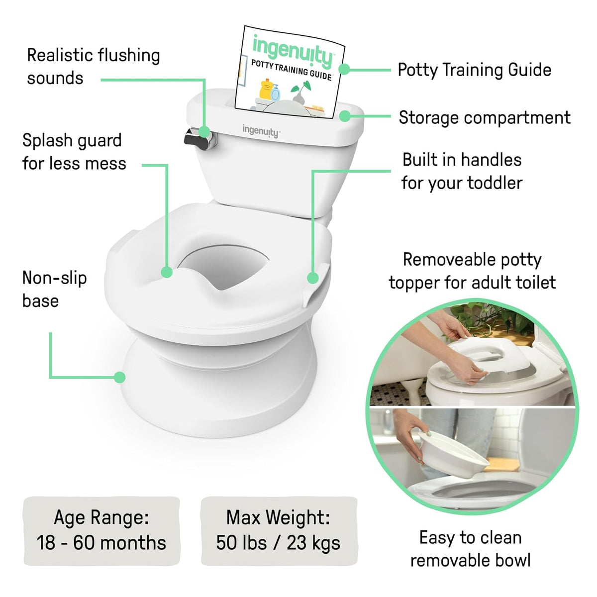 My Size Potty Pro 2-in-1 Potty Training Toilet, Floor Potty with Removable Potty Seat for Standard Toilets, Realistic Flushing Sound, for Toddlers Ages 18+ Months, Up to 50 lb