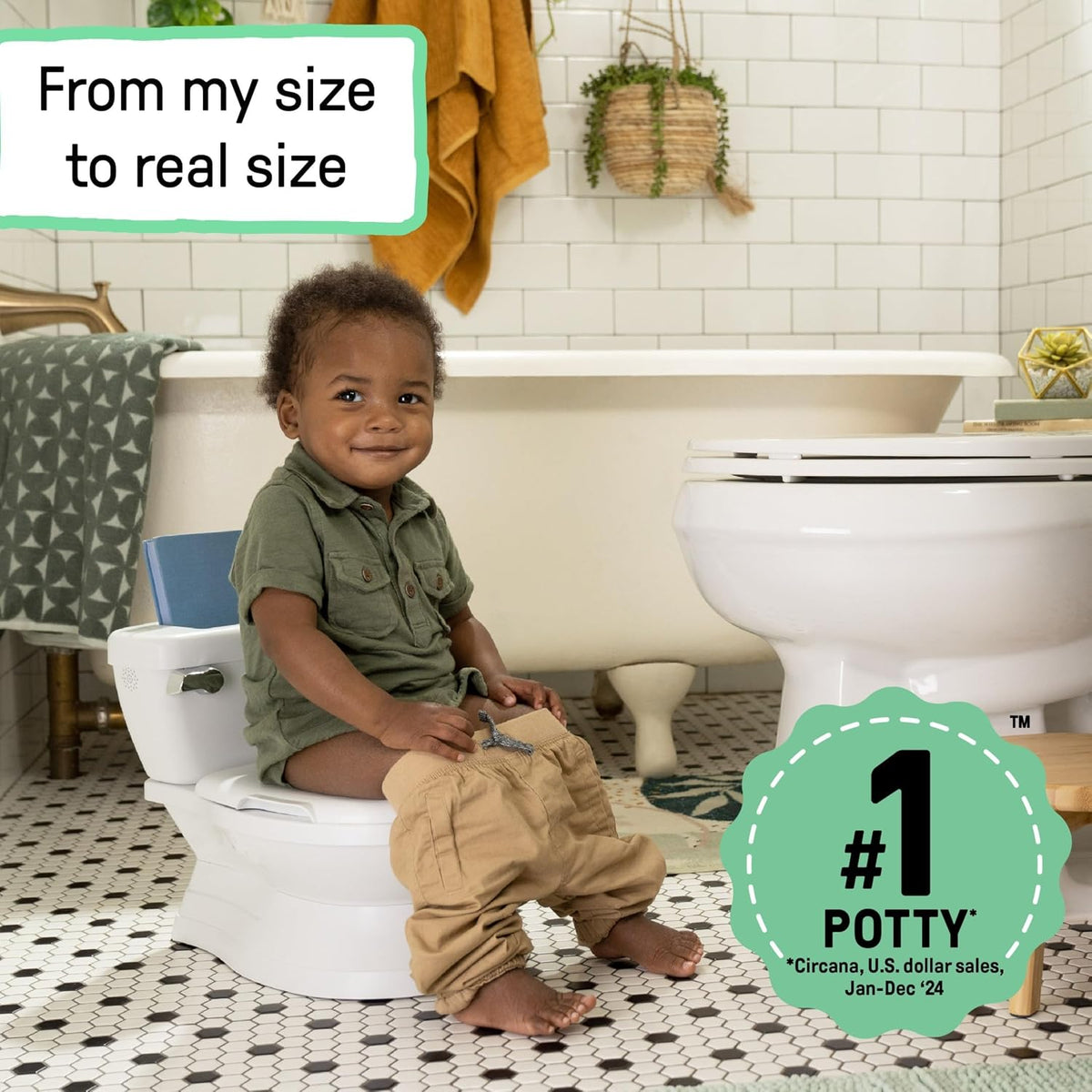 My Size Potty Pro 2-in-1 Potty Training Toilet, Floor Potty with Removable Potty Seat for Standard Toilets, Realistic Flushing Sound, for Toddlers Ages 18+ Months, Up to 50 lb