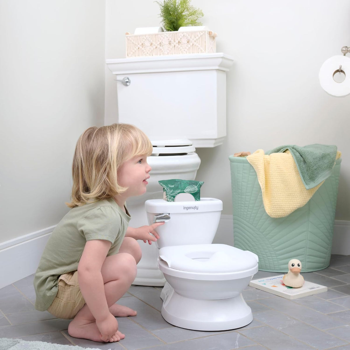 My Size Potty Pro 2-in-1 Potty Training Toilet, Floor Potty with Removable Potty Seat for Standard Toilets, Realistic Flushing Sound, for Toddlers Ages 18+ Months, Up to 50 lb