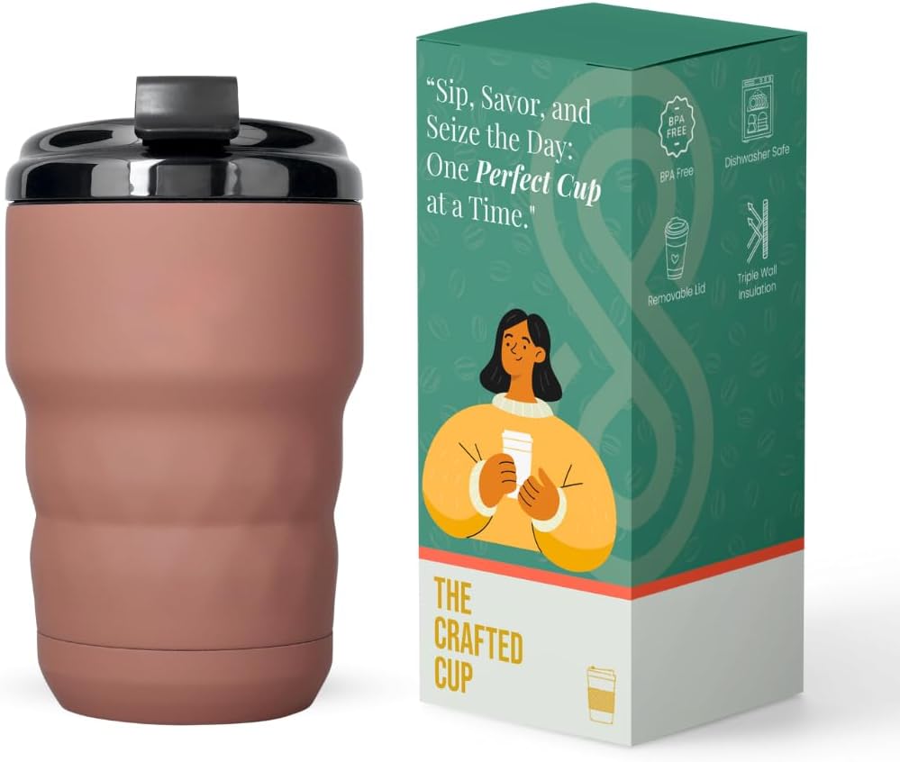 Insulated Travel Coffee Mug with Flip Lid, 12 oz Stainless Steel Coffee Cups Spill Proof, Double Wall Vacuum Tumblers, Reusable To Go Mug for Hot/Ice Coffee Tea (Brown)