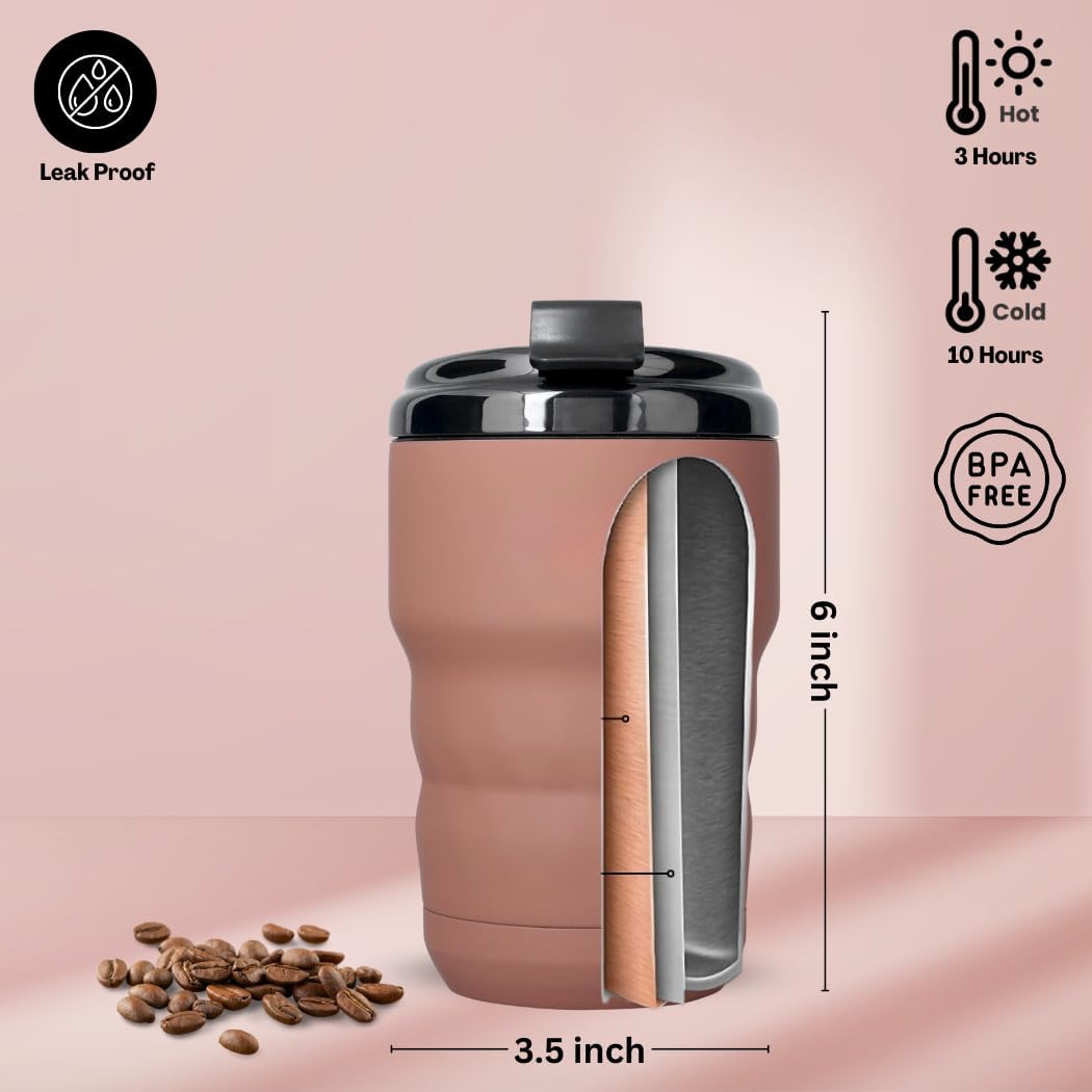 Insulated Travel Coffee Mug with Flip Lid, 12 oz Stainless Steel Coffee Cups Spill Proof, Double Wall Vacuum Tumblers, Reusable To Go Mug for Hot/Ice Coffee Tea (Brown)