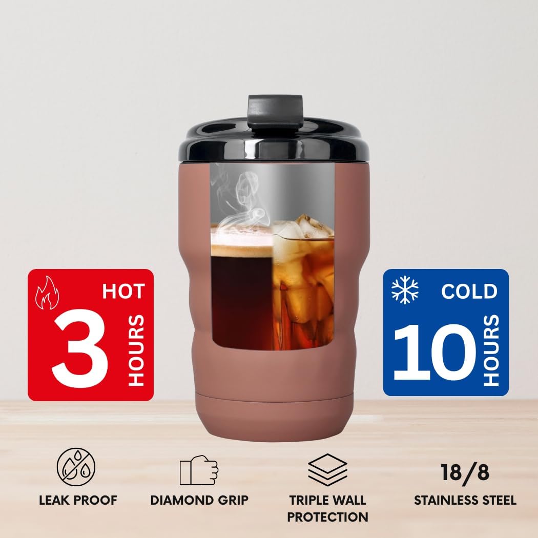 Insulated Travel Coffee Mug with Flip Lid, 12 oz Stainless Steel Coffee Cups Spill Proof, Double Wall Vacuum Tumblers, Reusable To Go Mug for Hot/Ice Coffee Tea (Brown)