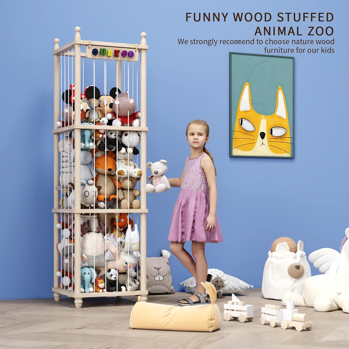 Stuffed Animal Storage Wood Toy Storage Organizer, Upgraded Design from Bean Bag Stuffed Animal Hammock Plushie Net, Large Toy Chest Stuffed animal holder for Kids Nursery Playroom Bedroom （XL）