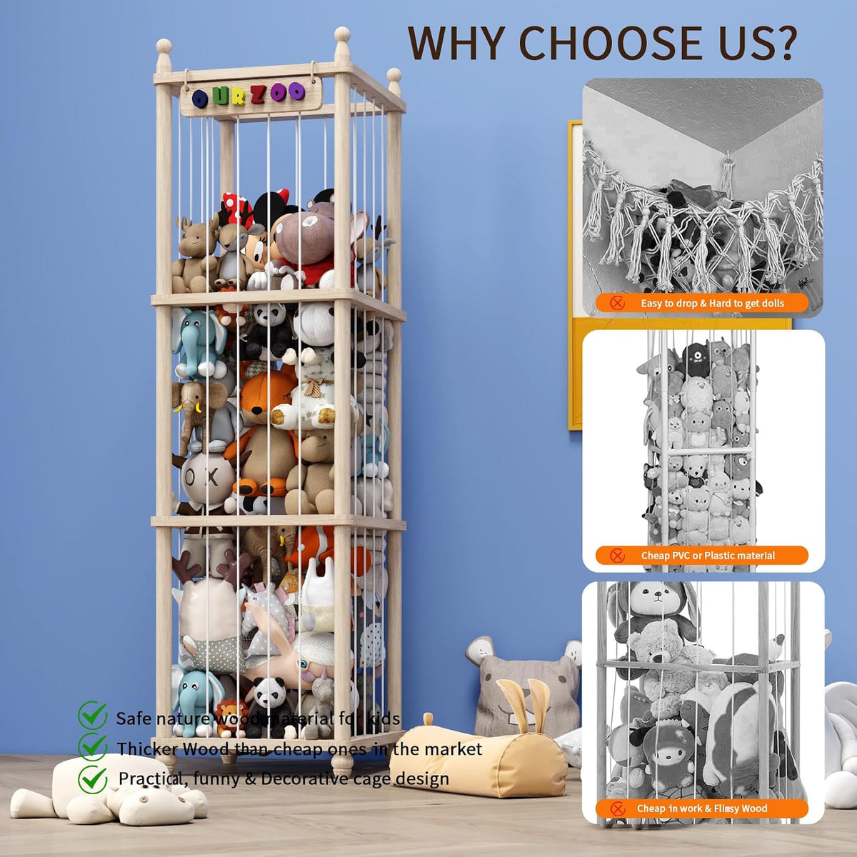 Stuffed Animal Storage Wood Toy Storage Organizer, Upgraded Design from Bean Bag Stuffed Animal Hammock Plushie Net, Large Toy Chest Stuffed animal holder for Kids Nursery Playroom Bedroom （XL）