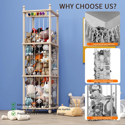 Stuffed Animal Storage Wood Toy Storage Organizer, Upgraded Design from Bean Bag Stuffed Animal Hammock Plushie Net, Large Toy Chest Stuffed animal holder for Kids Nursery Playroom Bedroom （XL）