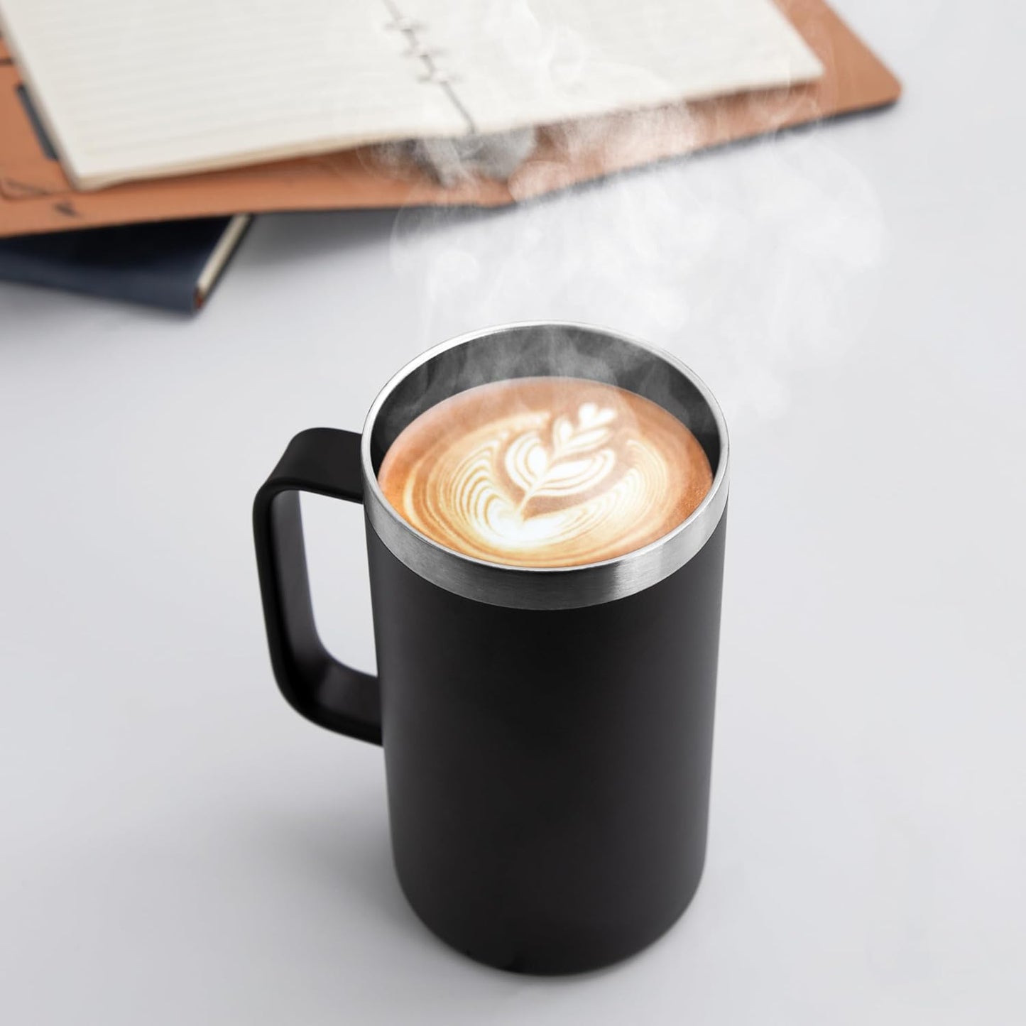 DOMICARE 24oz Mug with Handle and Lid, Stainless Steel Coffee Mug, Reusable Insulated Cup, Travel Mug with Handle, Double Wall Vacuum Coffee Tumbler for Men and Women, White, Pack 1