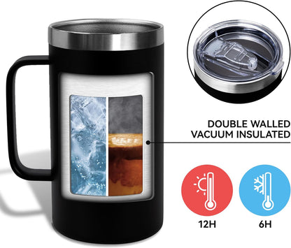 DOMICARE 24oz Mug with Handle and Lid, Stainless Steel Coffee Mug, Reusable Insulated Cup, Travel Mug with Handle, Double Wall Vacuum Coffee Tumbler for Men and Women, White, Pack 1