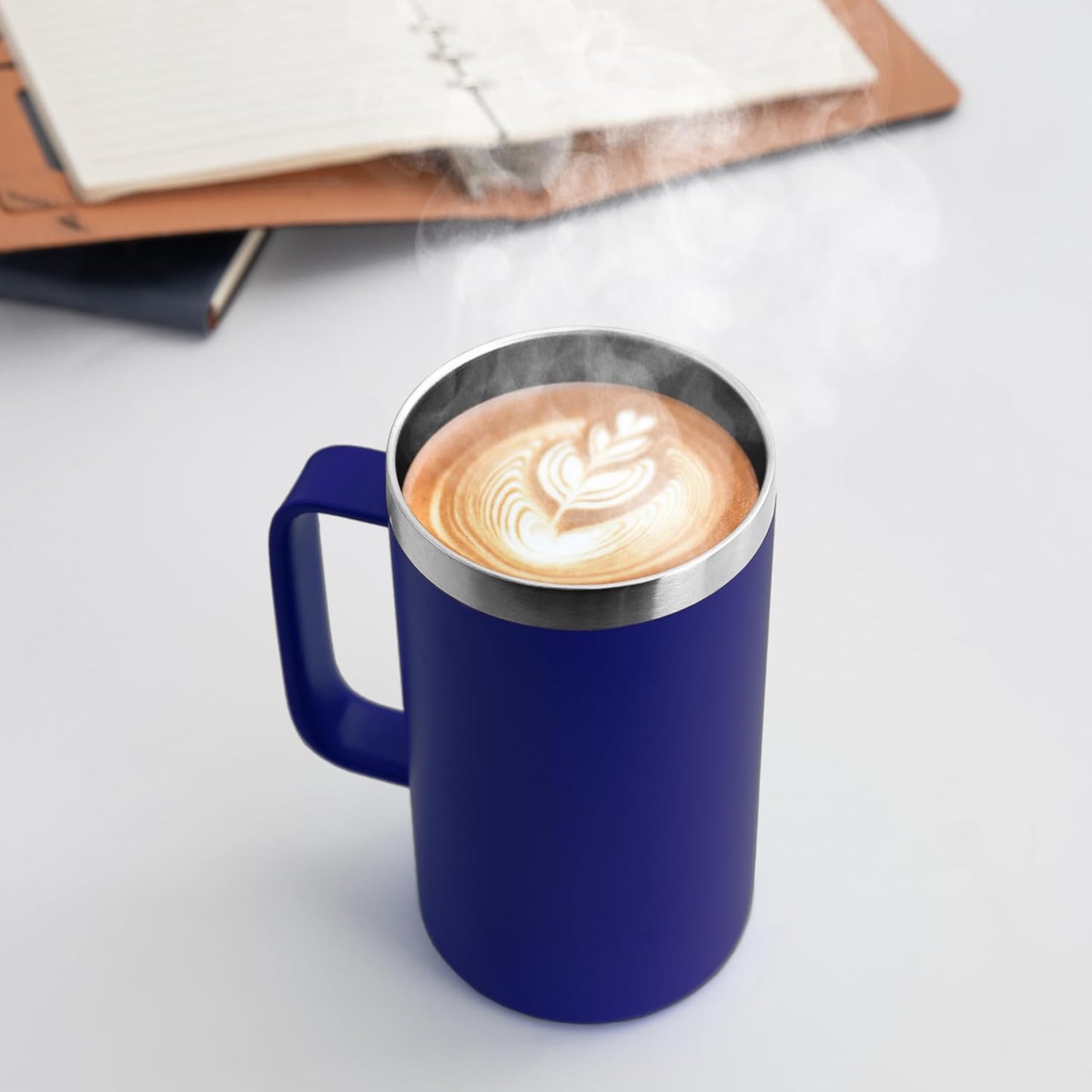 DOMICARE 24oz Mug with Handle and Lid, Stainless Steel Coffee Mug, Reusable Insulated Cup, Travel Mug with Handle, Double Wall Vacuum Coffee Tumbler for Men and Women, White, Pack 1