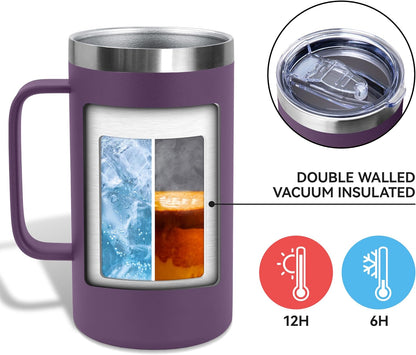 DOMICARE 24oz Mug with Handle and Lid, Stainless Steel Coffee Mug, Reusable Insulated Cup, Travel Mug with Handle, Double Wall Vacuum Coffee Tumbler for Men and Women, White, Pack 1