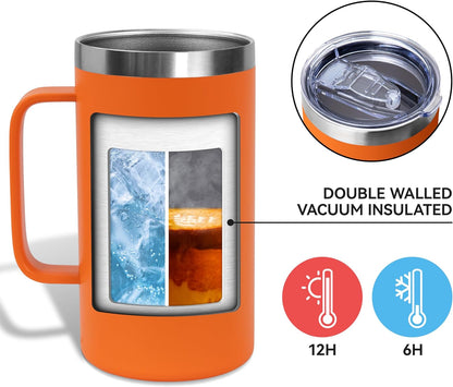DOMICARE 24oz Mug with Handle and Lid, Stainless Steel Coffee Mug, Reusable Insulated Cup, Travel Mug with Handle, Double Wall Vacuum Coffee Tumbler for Men and Women, White, Pack 1