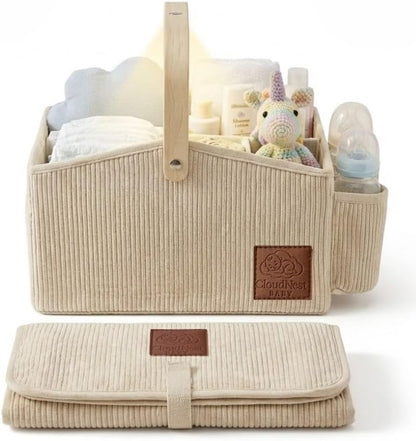 Diaper Caddy Organizer With Portable Changing Mat, LED Night Light, Wooden Handle & Shoulder Strap - Stylish Nursery Basket With Dividers - Newborn Essentials