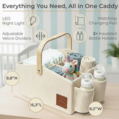 Diaper Caddy Organizer With Portable Changing Mat, LED Night Light, Wooden Handle & Shoulder Strap - Stylish Nursery Basket With Dividers - Newborn Essentials