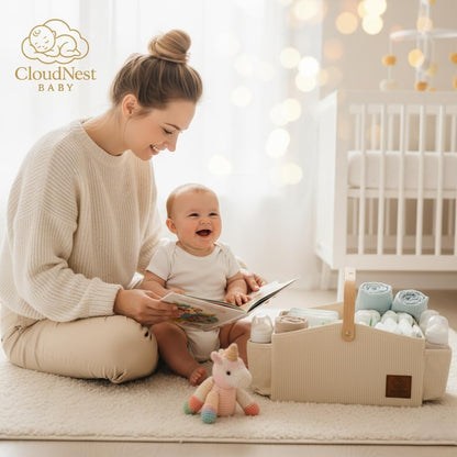 Diaper Caddy Organizer With Portable Changing Mat, LED Night Light, Wooden Handle & Shoulder Strap - Stylish Nursery Basket With Dividers - Newborn Essentials