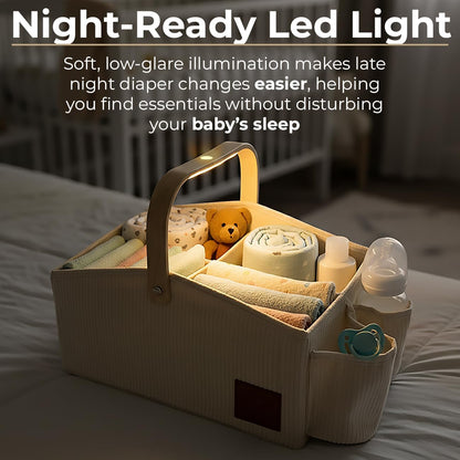 Diaper Caddy Organizer With Portable Changing Mat, LED Night Light, Wooden Handle & Shoulder Strap - Stylish Nursery Basket With Dividers - Newborn Essentials