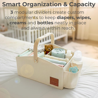 Diaper Caddy Organizer With Portable Changing Mat, LED Night Light, Wooden Handle & Shoulder Strap - Stylish Nursery Basket With Dividers - Newborn Essentials