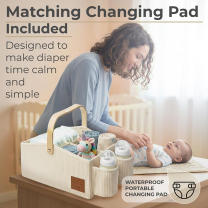 Diaper Caddy Organizer With Portable Changing Mat, LED Night Light, Wooden Handle & Shoulder Strap - Stylish Nursery Basket With Dividers - Newborn Essentials