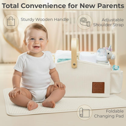 Diaper Caddy Organizer With Portable Changing Mat, LED Night Light, Wooden Handle & Shoulder Strap - Stylish Nursery Basket With Dividers - Newborn Essentials