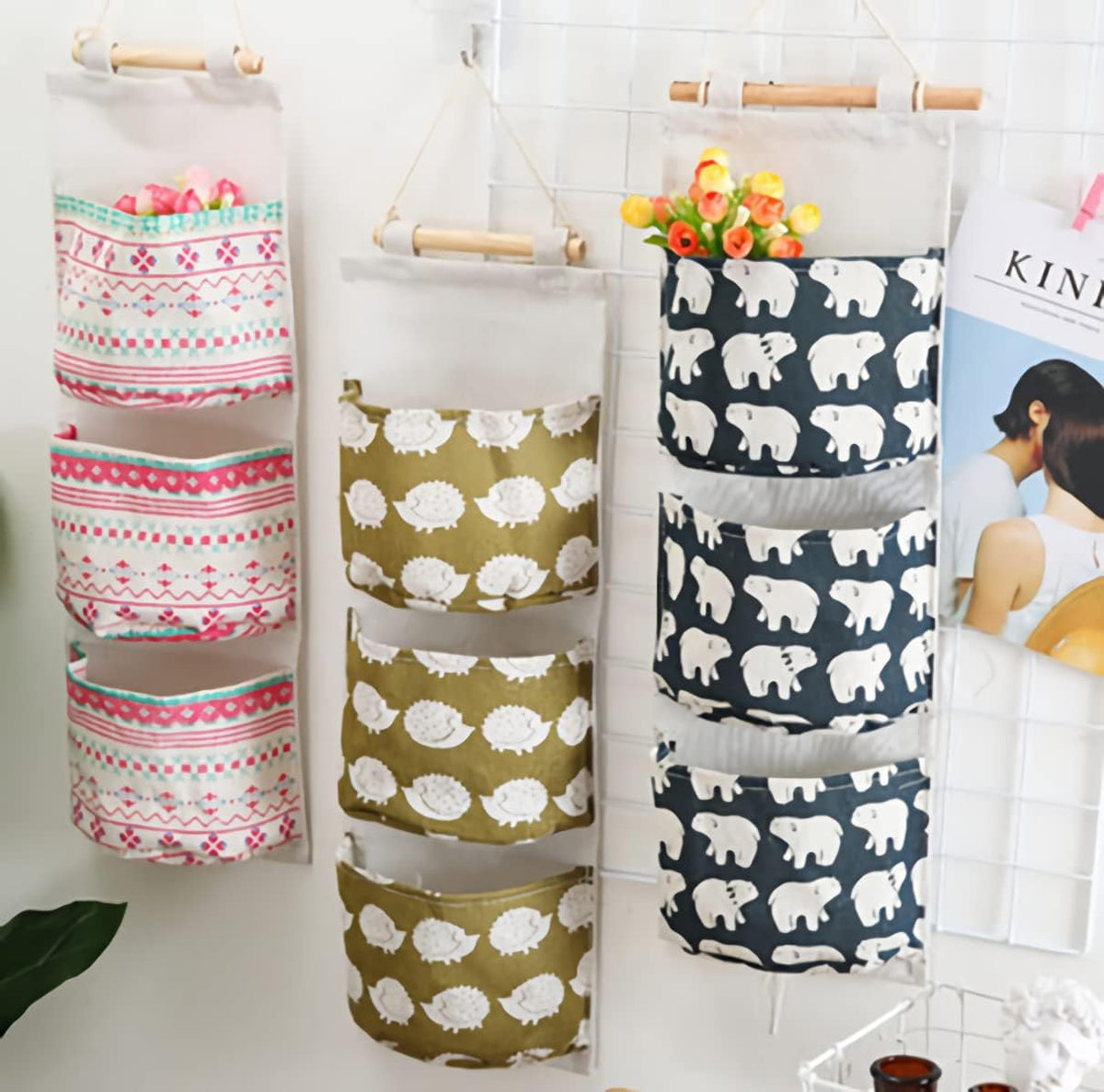 Hanging Storage Bag, Wall Mounted 3 Bags Nursery Storage Bag Over The Door Storage Pockets Fabric Wall Door Closet Hanging Storage Bag Organizer 2 Packs Small Tree + Ethnic Style