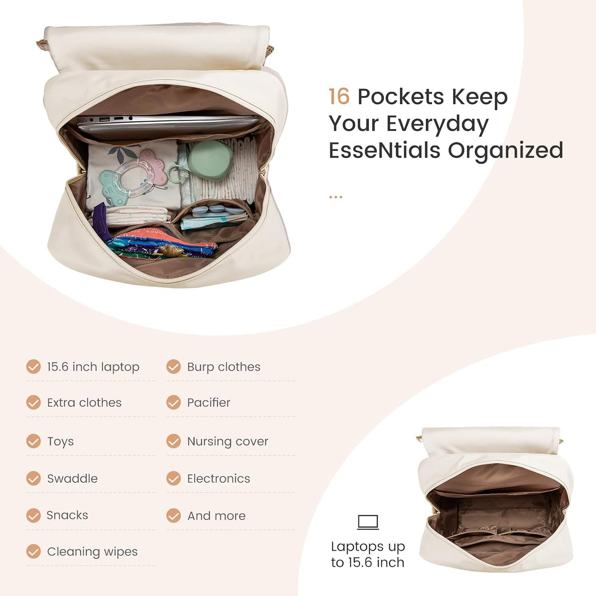 Diaper Bag Backpack, Baby Travel Bags for Boys & Girl, Toddler Waterproof Diaper Bag w/Changing Pad (Beige khaki, 15.6''-Small)