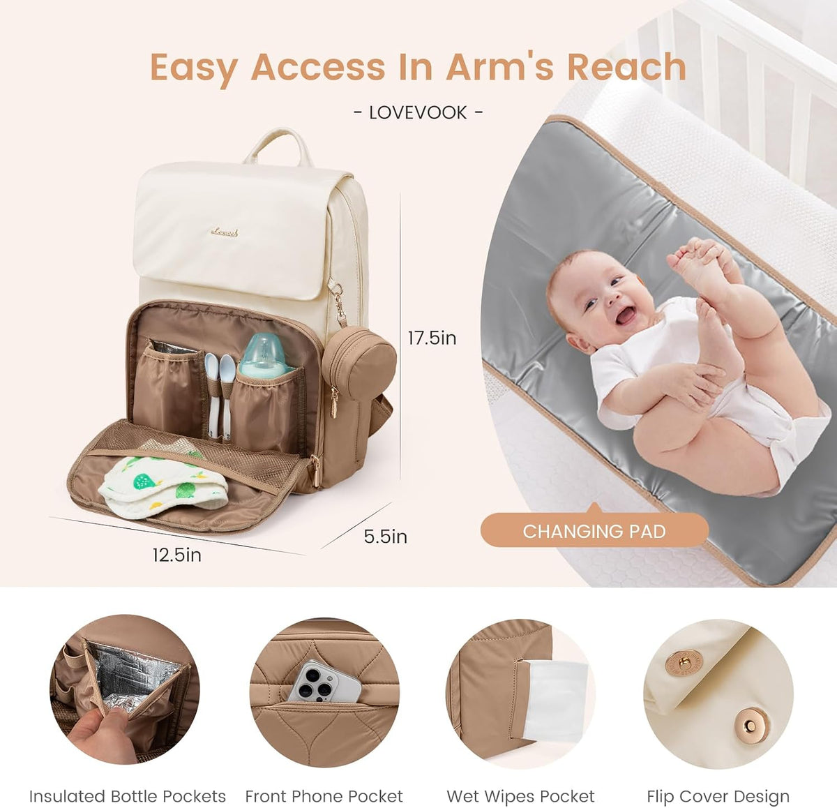 Diaper Bag Backpack, Baby Travel Bags for Boys & Girl, Toddler Waterproof Diaper Bag w/Changing Pad (Beige khaki, 15.6''-Small)