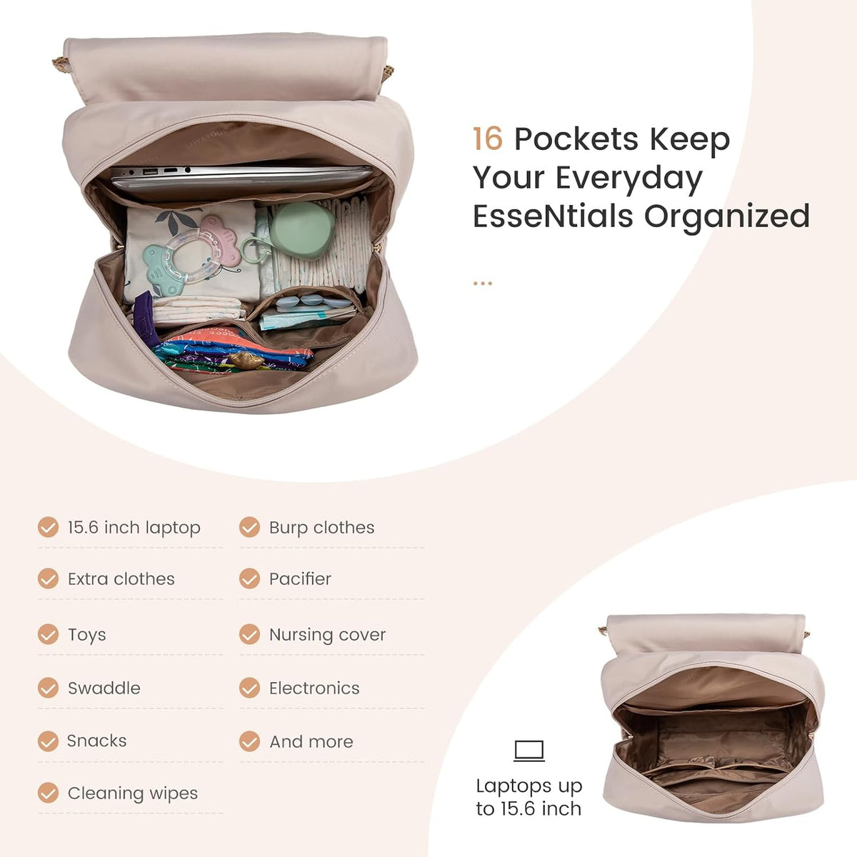 Diaper Bag Backpack, Baby Travel Bags for Boys & Girl, Toddler Waterproof Diaper Bag w/Changing Pad (Beige khaki, 15.6''-Small)