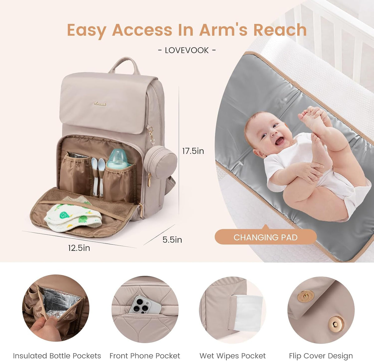 Diaper Bag Backpack, Baby Travel Bags for Boys & Girl, Toddler Waterproof Diaper Bag w/Changing Pad (Beige khaki, 15.6''-Small)