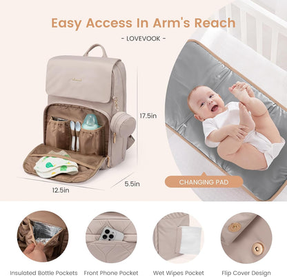 Diaper Bag Backpack, Baby Travel Bags for Boys & Girl, Toddler Waterproof Diaper Bag w/Changing Pad (Beige khaki, 15.6''-Small)