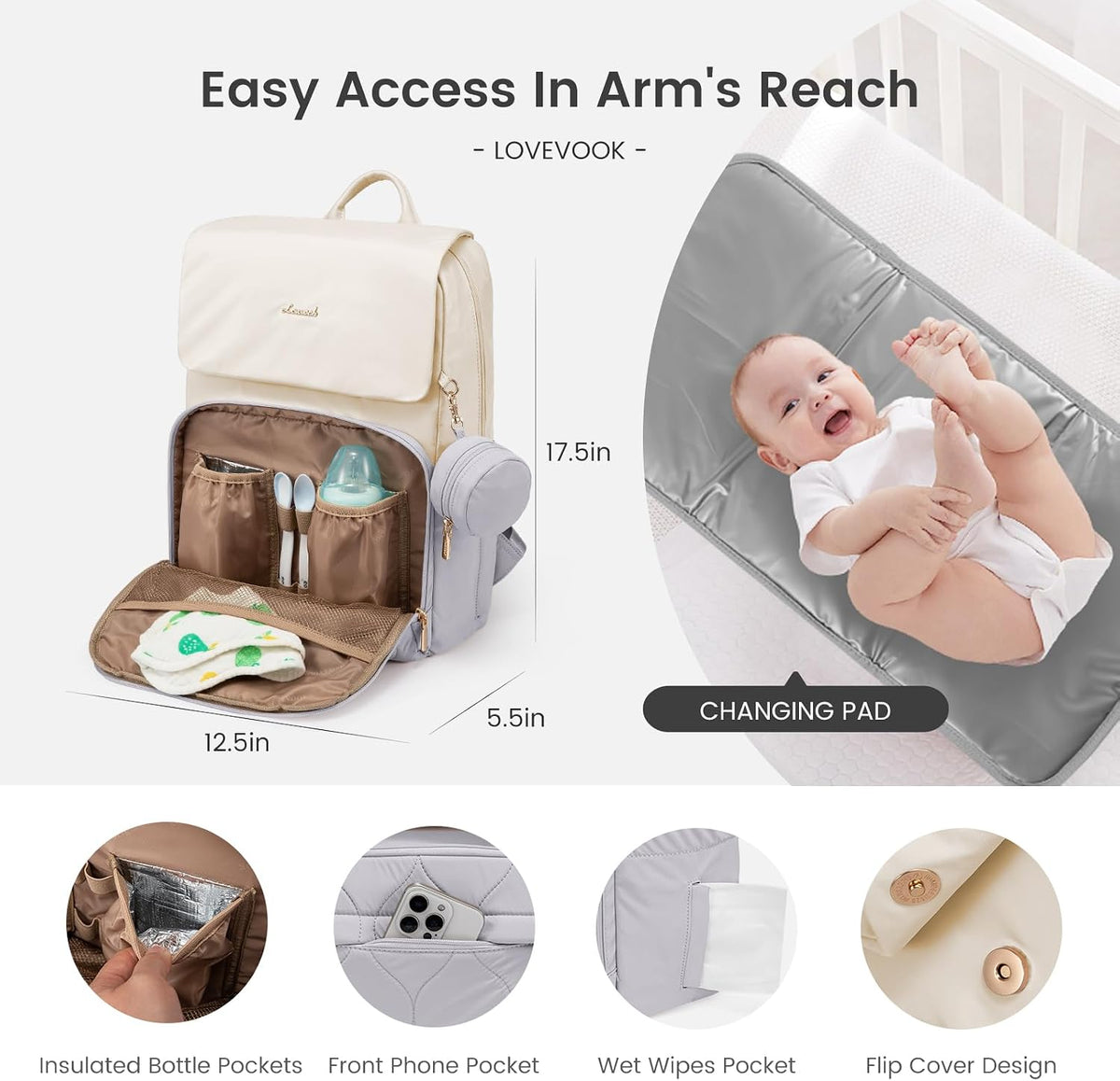 Diaper Bag Backpack, Baby Travel Bags for Boys & Girl, Toddler Waterproof Diaper Bag w/Changing Pad (Beige khaki, 15.6''-Small)