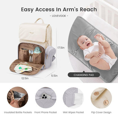 Diaper Bag Backpack, Baby Travel Bags for Boys & Girl, Toddler Waterproof Diaper Bag w/Changing Pad (Beige khaki, 15.6''-Small)