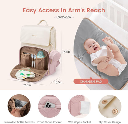 Diaper Bag Backpack, Baby Travel Bags for Boys & Girl, Toddler Waterproof Diaper Bag w/Changing Pad (Beige khaki, 15.6''-Small)