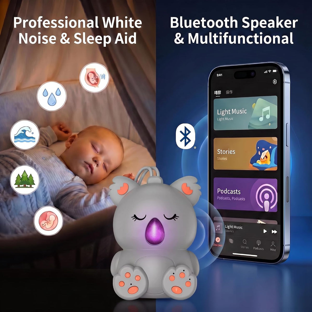 Baby Sleep Sound Machine & Bluetooth Speaker | Portable White Noise Sound Machine with 3 Timers for Nursery, Travel | Non-Looping Soothing Sounds Sleeping Music for Infants, Toddlers & Kids