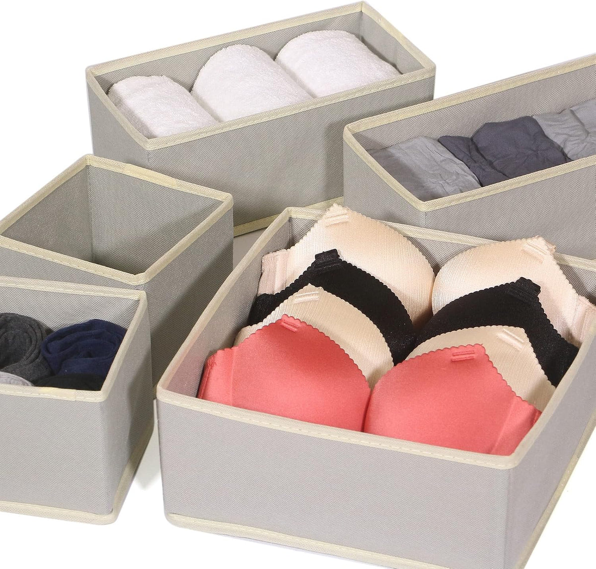 Foldable Cloth Storage Box Closet Dresser Drawer Organizer Fabric Baskets Bins Containers Divider with Drawers for Clothes, Underwear, Bras, Socks, Lingerie, Clothing, Set of 6