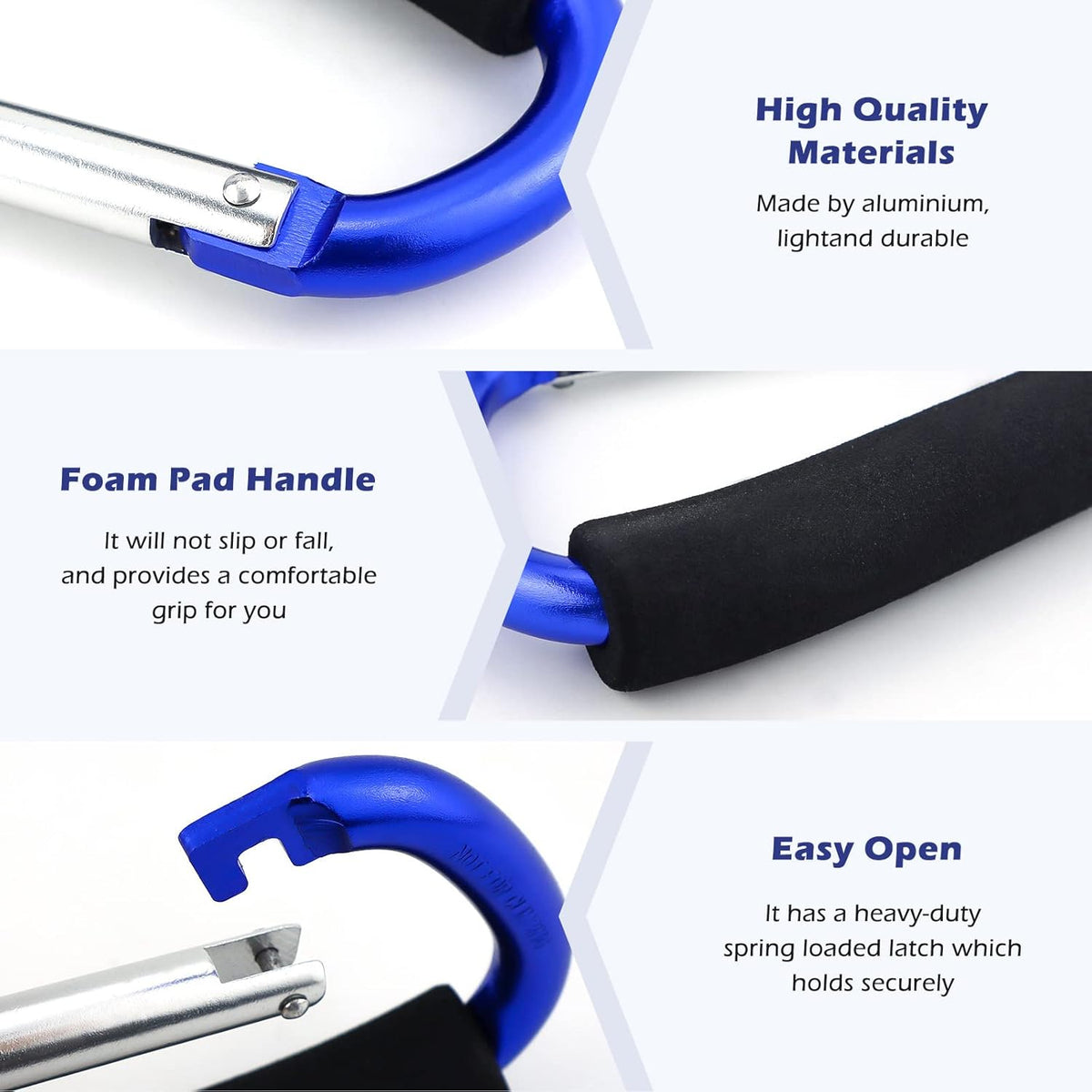 Grocery Bag Shopping Bag Holder Handle Carrier Tool Multi Purpose Snap Hook Stroller Hook Set Organizer Accessories with Soft Foam Grip for Hanging, Pack of 2, Blue