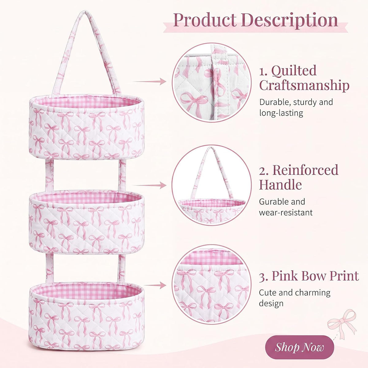 Pink Over The Door Organizer 3 Tier Hanging Wall Mounted Storage