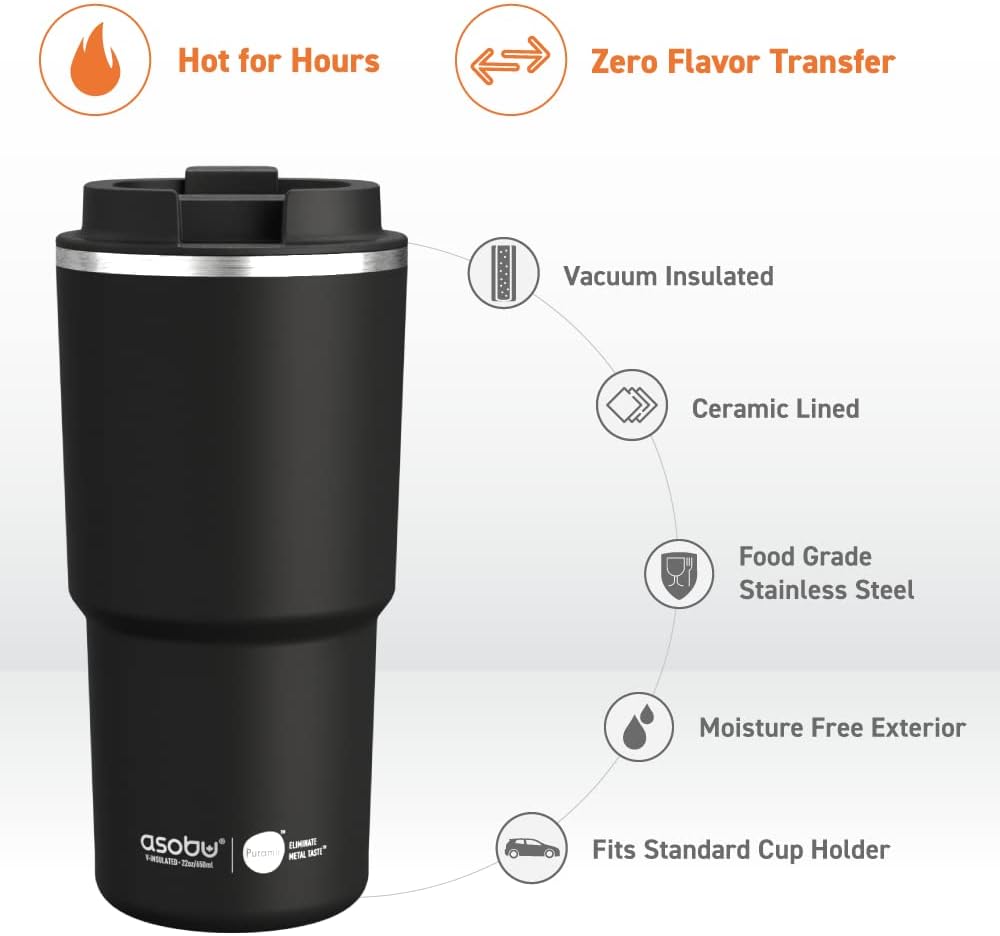22oz Extra Large Ceramic-Lined Travel Mug with No Metal Taste-Keeps Flavors True - Double-Wall Vacuum Insulated Coffee Mug with Spill-Proof Pop-Open Lid for Hot Drinks