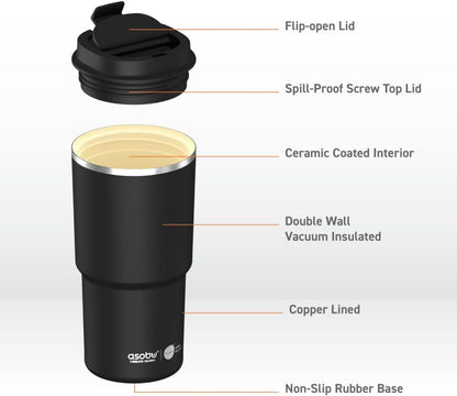 22oz Extra Large Ceramic-Lined Travel Mug with No Metal Taste-Keeps Flavors True - Double-Wall Vacuum Insulated Coffee Mug with Spill-Proof Pop-Open Lid for Hot Drinks