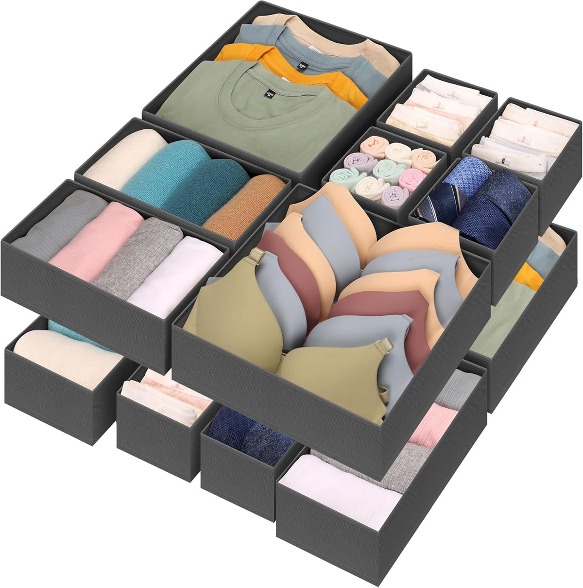 12 Pcs Drawer Organizer Clothes – Dresser Organizers for Baby Clothes, Underwear, Socks & Bedrooms – Foldable Storage Bins for Closet & Nursery – Fabric Drawer Dividers for Shelves (Grey)