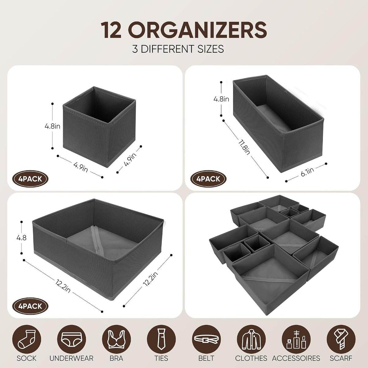 12 Pcs Drawer Organizer Clothes – Dresser Organizers for Baby Clothes, Underwear, Socks & Bedrooms – Foldable Storage Bins for Closet & Nursery – Fabric Drawer Dividers for Shelves (Grey)