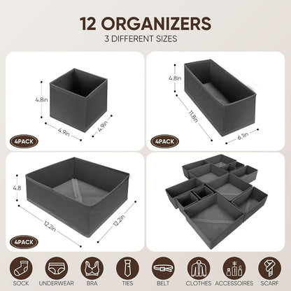 12 Pcs Drawer Organizer Clothes – Dresser Organizers for Baby Clothes, Underwear, Socks & Bedrooms – Foldable Storage Bins for Closet & Nursery – Fabric Drawer Dividers for Shelves (Grey)