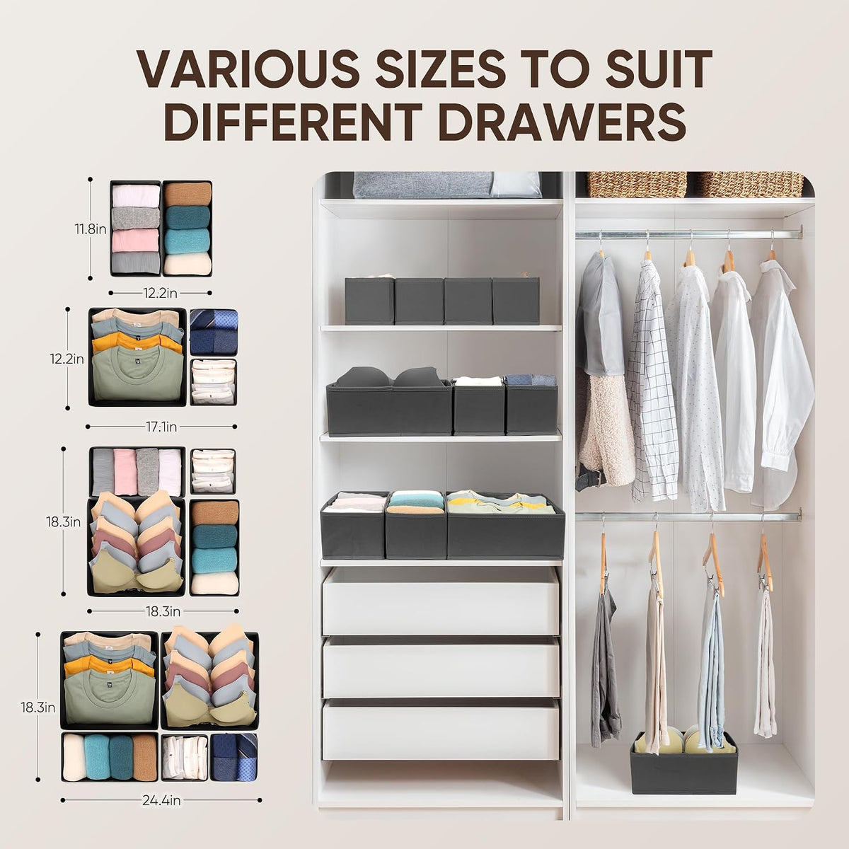 12 Pcs Drawer Organizer Clothes – Dresser Organizers for Baby Clothes, Underwear, Socks & Bedrooms – Foldable Storage Bins for Closet & Nursery – Fabric Drawer Dividers for Shelves (Grey)