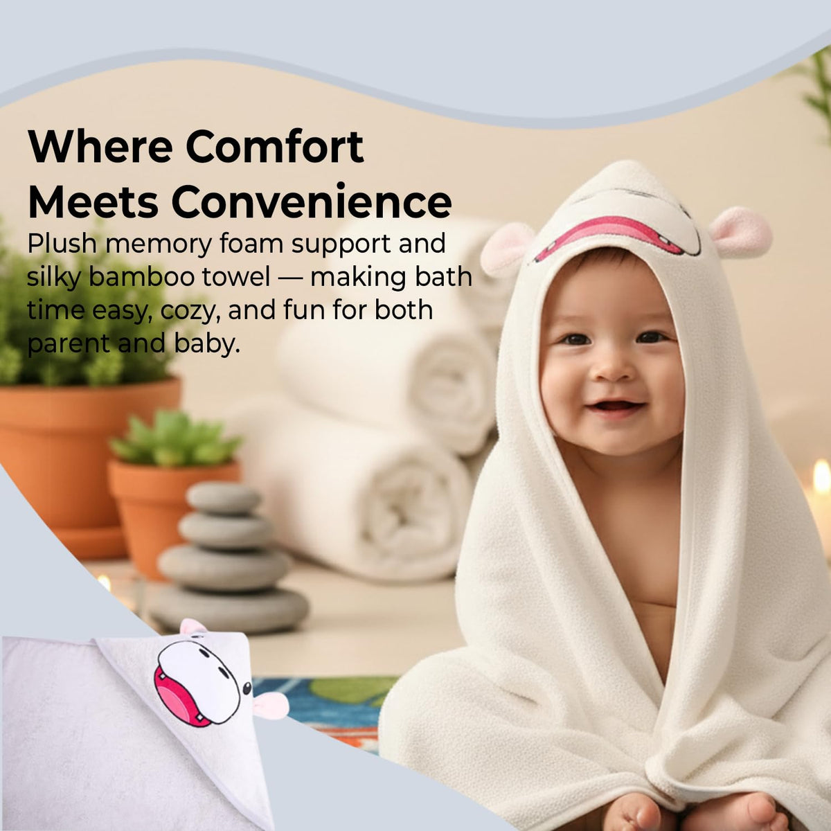 Gray Bath Kneeler & Elbow Rest Pad Set with Baby Bath Towel, Hooded, Hippo